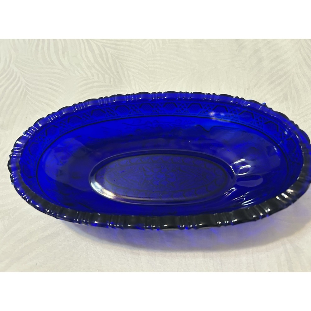 Vintage Tiara Glass Cobalt Blue Bird Berries Dish